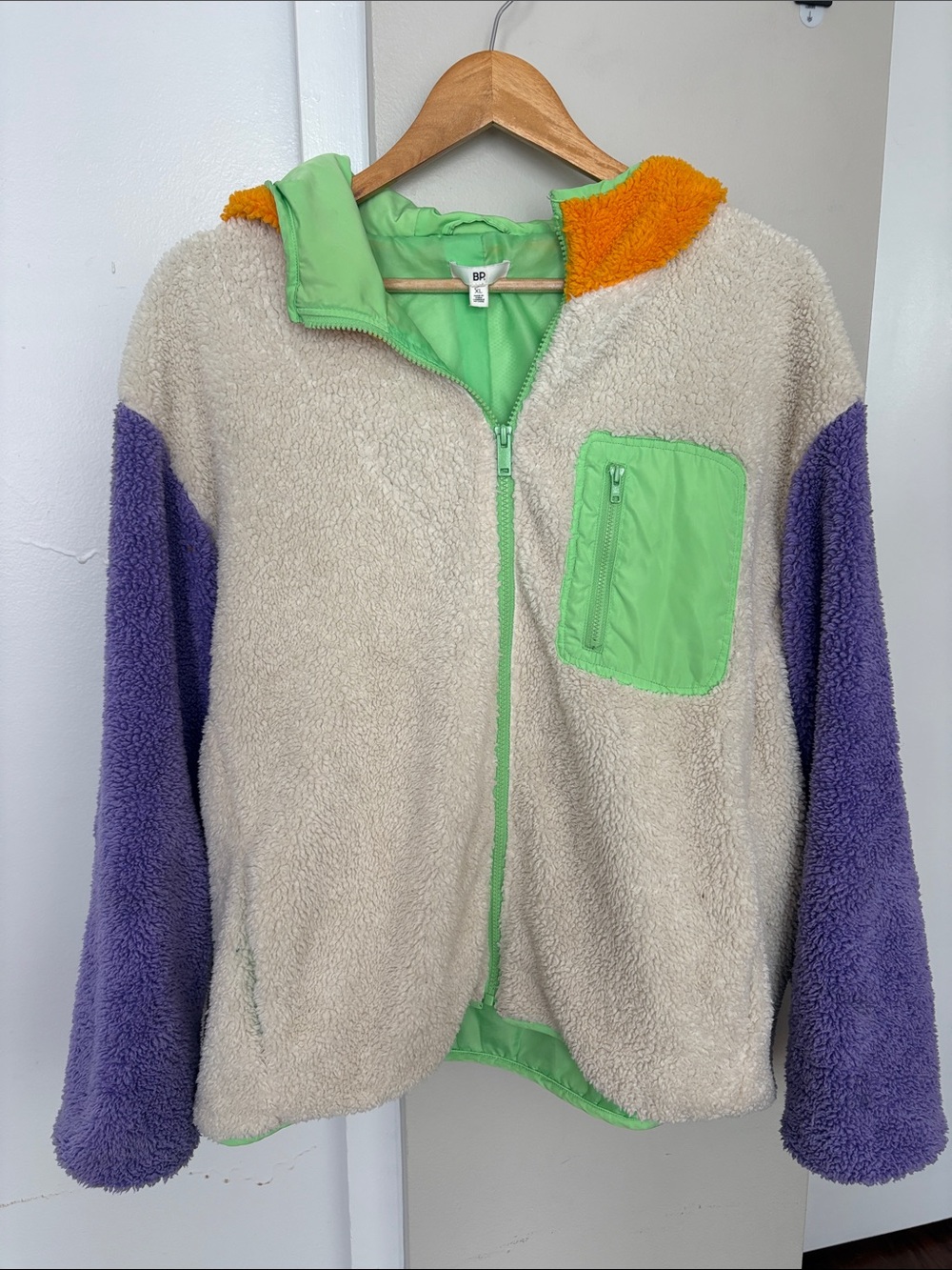 bp Colorblock Teddy Jacket in Beige, Purple, Green & Orange